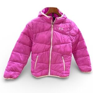 Under Armour Kids exotic bloom Pink Puffer Jacket ColdGear Hooded Full Zip Sz M